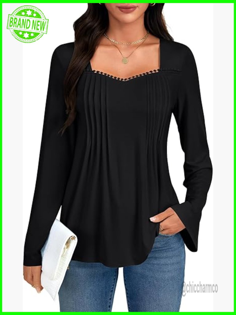 Long Sleeve Sweetheart Neck Pleated Tunic Blouse Loose Fit Soft Fabric